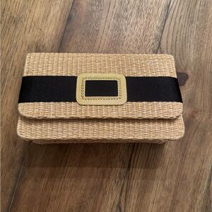 New Lisi Lerch Elegant Tan Black Woven Coco Buckle Clutch with chain strap